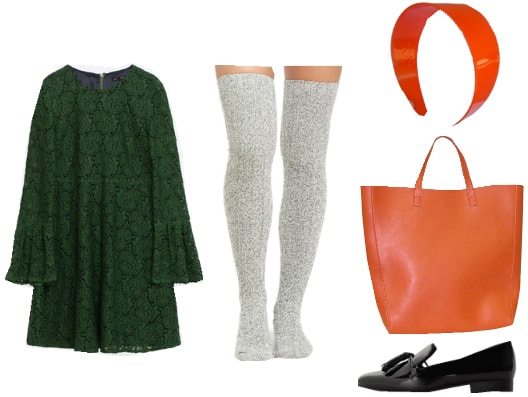 Outfit inspired by Clock Tower II: Green long-sleeve dress, thigh-high gray socks, shiny orange headband, orange tote bag, black loafers