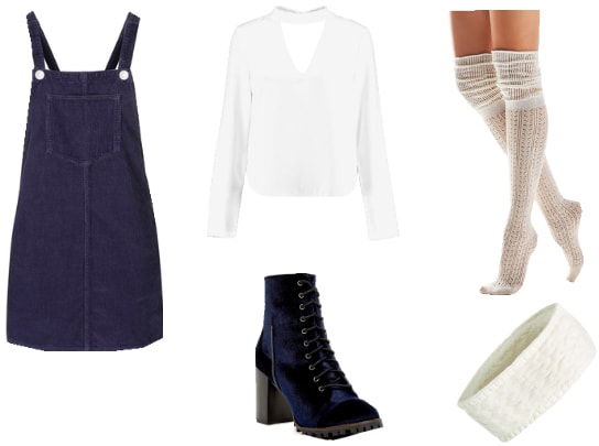 Outfit inspired by the original Clock Tower game: Blue pinafore, white blouse, black lace-up boots, knee-high white socks, white knit headband