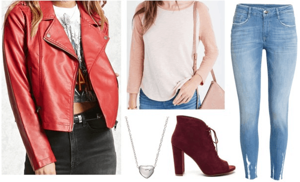 clover totally spies inspired outfit red motorcycle jacket pink baseball tee skinny jeans red booties silver heart necklace