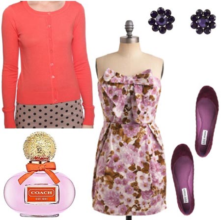 Coach Poppy Outfit 1: Purple floral dress, coral cardigan, purple flats, flower earrings