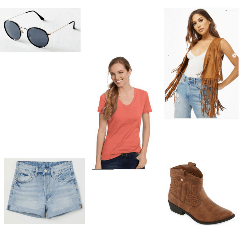 Outfit with orange v-neck tee, denim shorts, cowboy boots, round sunglasses, and faux suede fringe vest