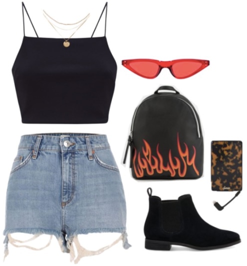 Coachella outfit idea: Cutoff denim shorts paired with a black strappy crop top and suede ankle booties. Accessories include a mini backpack, orange sunglasses, a portable phone charger and a layered necklace.