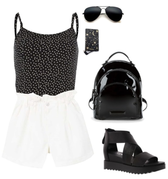 Black bodysuit paired with white high waisted shorts and sandals. Accessories include a black backpack, sunglasses and a portable charger