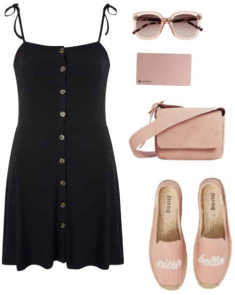 Coachella outfit idea: Black button-front spaghetti strap dress, rose gold accessories including sunglasses, a suede crossbody bag, and espadrille flats