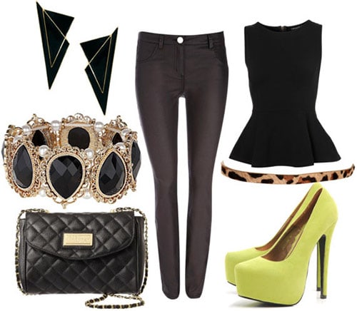 How to style coated jeans for night with a black peplum top, leopard belt, neon pumps, geometric earrings, a black and gold bracelet, and quilted black bag