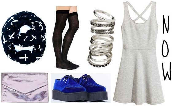 Cobalt creepers, gray dress, knee high socks