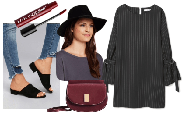 Outfit inspired by Cole Phelps from LA Noire video game: pinstripe buckled dress, black fedora, burgundy crossbody bag, black mules, NYX suede liquid lipstick in burgundy color