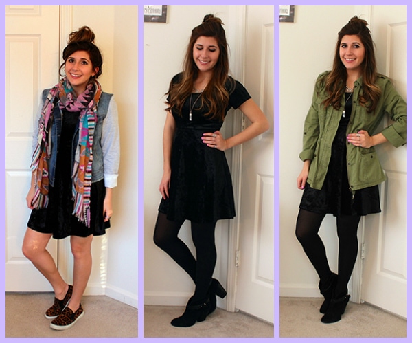 Collage-Black-Velvet-Dress-3-Ways-Tribal-Scarf-Green-Utility-Jacket-Class-to-Date-Night