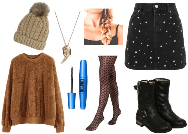 College dining hall date outfit: Brown sweater, patterned mini skirt in black and white, patterned tights, combat boots, beanie hat with pom pom, braid hairstyle, mascara, pendant necklace