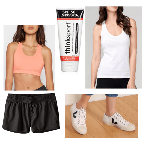 An outfit featuring active swimwear from sustainable brands