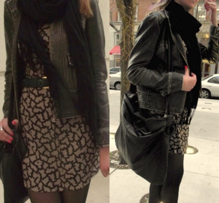 Patterned dress, shoulder bag, and leather jacket on our Loyola University Chicago fashionista