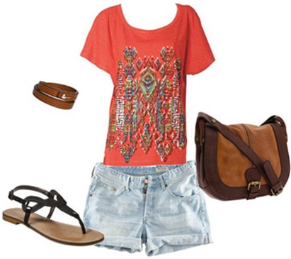 College orientation outfit 2: Orange tee, cutoff shorts, sandals