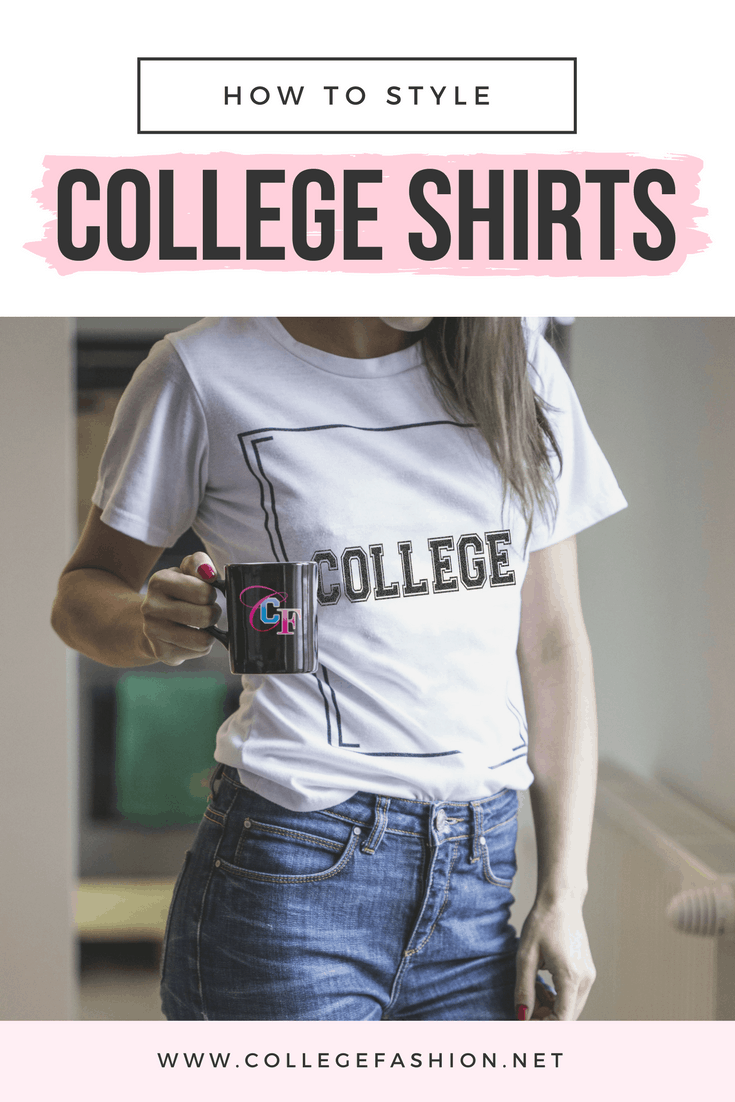 College shirt outfits: Photo of a girl wearing a t-shirt that says college on the front, holding a College Fashion logo mug