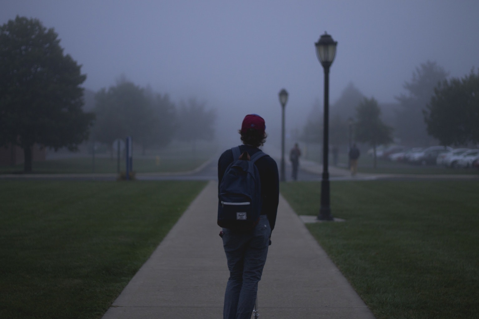 College student in the fog