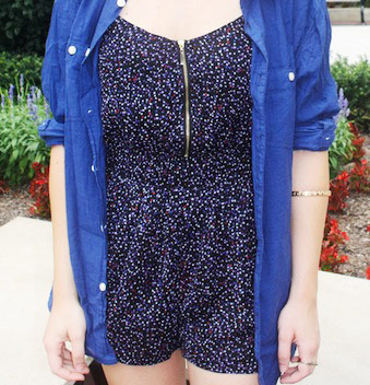 College student street style - printed romper