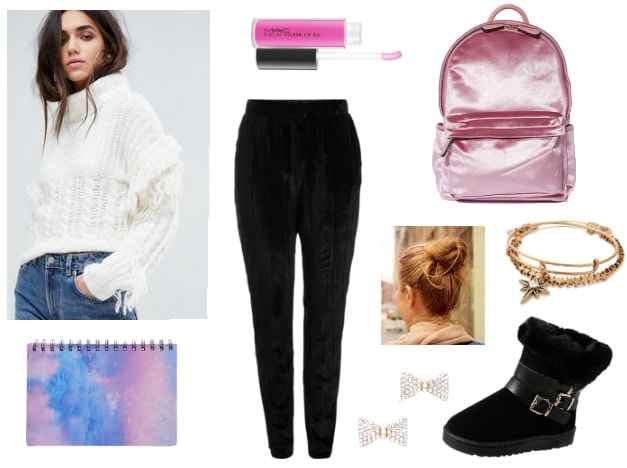 Outfit for college study date with white fringe sweater, black joggers, pink velvet backpack, cozy boots, bangle bracelets, galaxy print notebook, bow stud earrings, messy bun, pink lip gloss