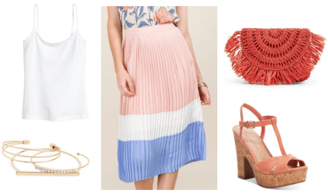 Summer outfit idea: Colorblock pleated skirt in pink, white and blue paired with white spaghetti strap cami tank, gold bracelets, coral woven bag with fringe, coral platform heels