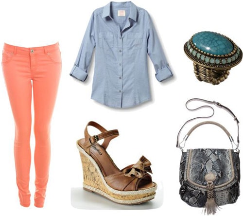 How to wear colored denim - Outfit 1: Orange jeans, chambray shirt, espadrille wedges, cross-body bag, turquoise ring