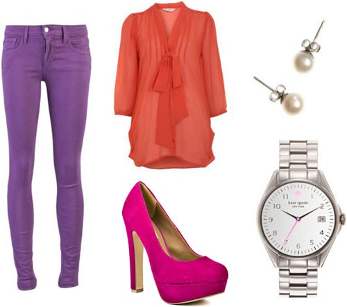 How to wear colored denim - Outfit 2: Purple jeans, orange bow blouse, neon pink heels, menswear watch, pearl studs