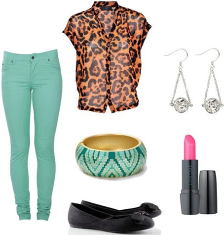 How to wear colored denim - Outfit 3: Green jeans, leopard blouse, black flats, statement earrings