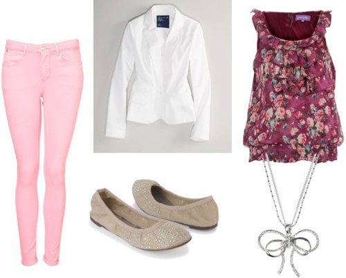 How to wear colored denim - Outfit 4: Pastel pink jeans, white blazer, beige flats, floral blouse