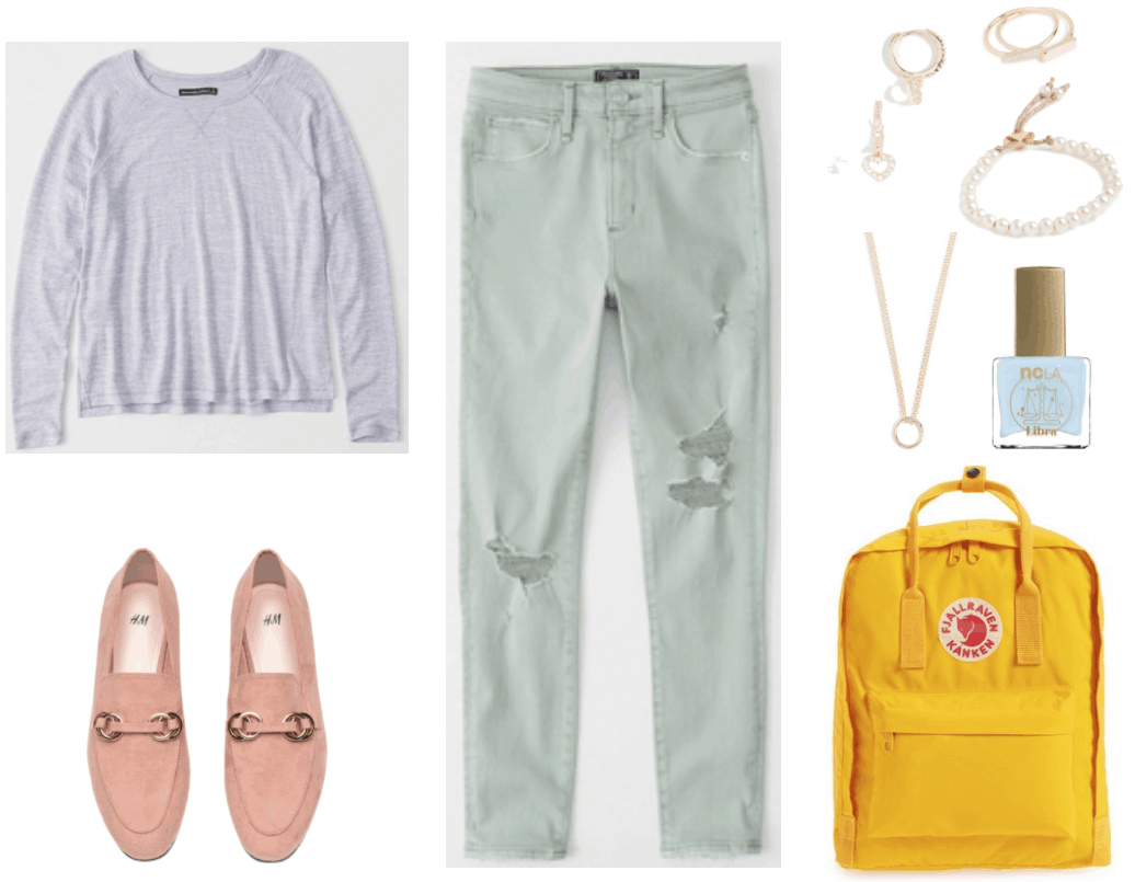Long-sleeved baseball t-shirt in heathered lavender, powder pink loafers with gold rings, pale green high-rise ripped ankle-length jeans, small gold "huggie" hoop earrings with pavé clear stones and dangling small open hearts with pavé clear stones, gold double-layer necklace with gold ring, set of two gold rings with bars, one of which has clear stones; adjustable cultured freshwater pearl bracelet on gold metallic cord with gold pull detail, NCLA What's Your Sign Libra Lacquer nail polish, a baby blue crème shade; yellow water-resistant backpack with red-and-white Fjallraven patch at front