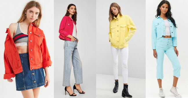 Colored denim jackets with orange denim jacket, fuchsia denim jacket, yellow denim jacket, and light blue denim jacket.