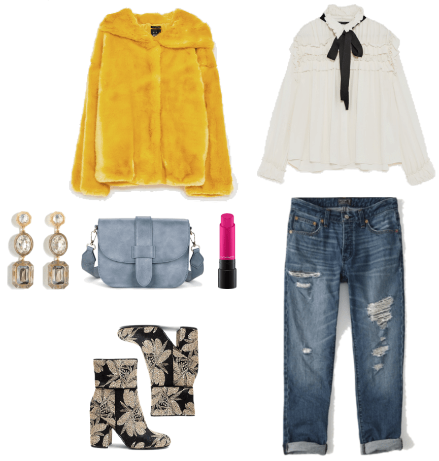 Mustard-yellow three-quarter-sleeved faux-fur jacket with hood, drop earrings with clear, gray, beige, and pale blush-pink stones in various shapes; light blue cross-body bag with front flap, MAC Liptensity Lipstick in "Ambrosial," a bright pink shade;  black heeled ankle boots with gold floral sequin design, ecru long-sleeved ruffled blouse with collar and black bow around neck, low-rise slim ripped boyfriend jeans in medium wash