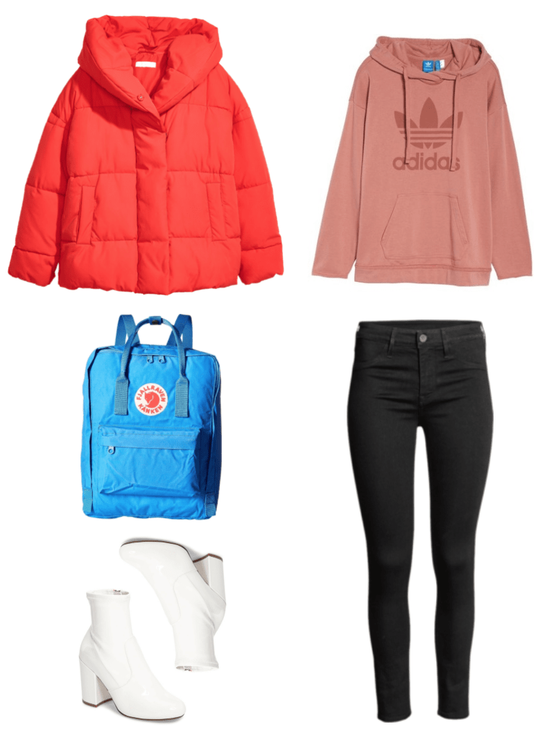 Bright red oversized puffer jacket with hood, Fjällräven bright blue backpack, white patent sock boots with block heel, dusty-pink hoodie with adidas trefoil logo, black skinny ankle jeans