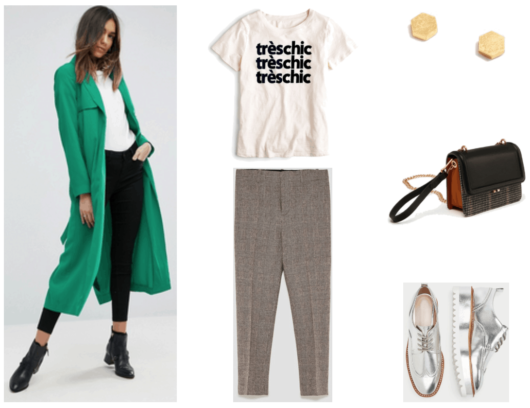 Bright green crepe duster coat, ivory short-sleeved t-shirt with "très chic" graphic in medium blue and navy blue repeated three times, brown checked straight-leg pants, gold hexagon-shaped studs with worn finish, black, plaid, and cognac-brown cross-body bag with flap and gold hardware, black wristlet strap, and chain cross-body strap; silver metallic flatform brogues with chunky pale gray and white sole