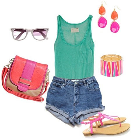 How to wear high waisted shorts and a tank with colorful accessories like a hot pink cross-body bag, pink sandals, pink and orange earrings, sunnies, and a bold cuff bracelet