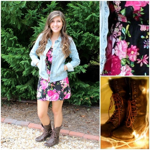 Combat boots, floral dress, denim jacket