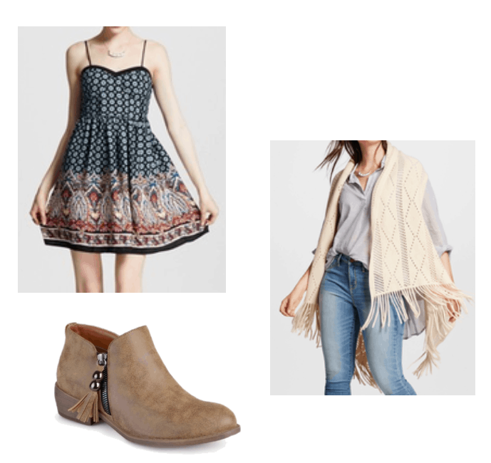 Cute and comfy boho outfit for summer: Patterned fit and flare dress, fringe vest in cream, brown flat booties