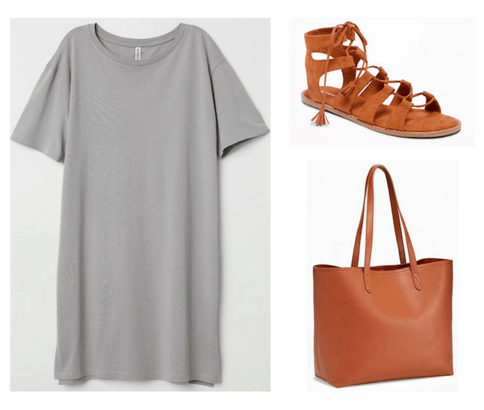 Photo set including a gray tee shirt dress, cognac colored tie-up sandals, and a cognac colored tote bag.