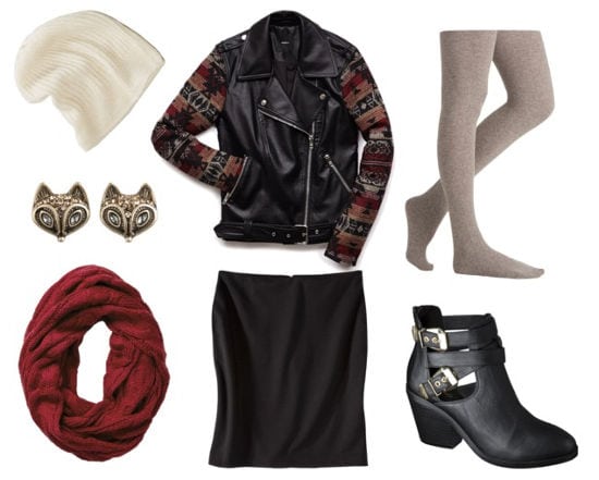 Contrast sleeves moto jacket black skirt