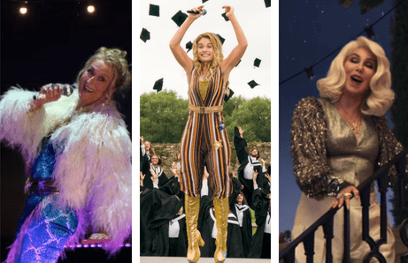 Get the look from Young Donna in Mamma Mia! Here We Go Again: Film stills of Myrel Streep as Donna singing during the finale, Young Donna performing at her college graduation, and Cher singing 