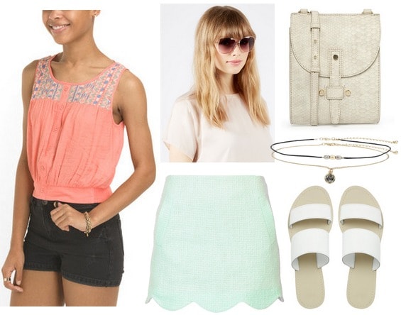 Coral blouse, mint green skirt, slide on sandals