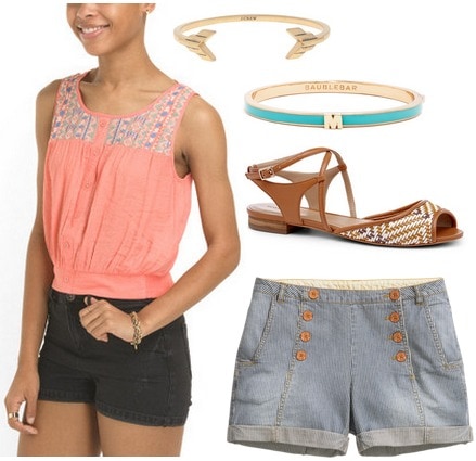 Coral blouse, sailor shorts, woven sandals
