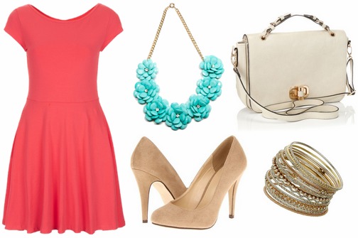 Coral dress, turquoise statement necklace, neutral pumps