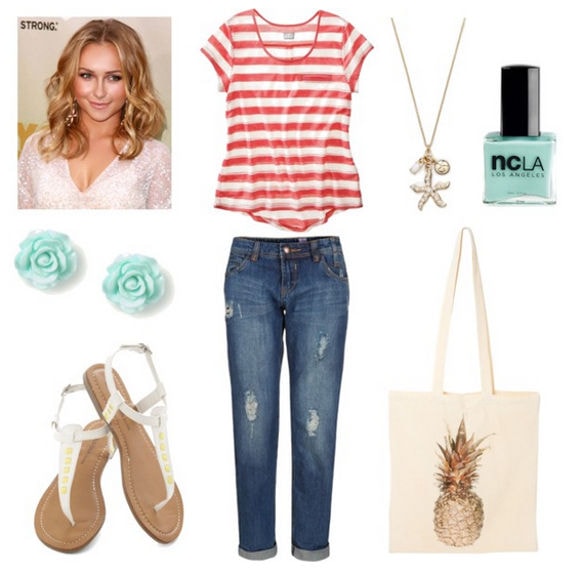 Coral striped tee distressed boyfriend jeans