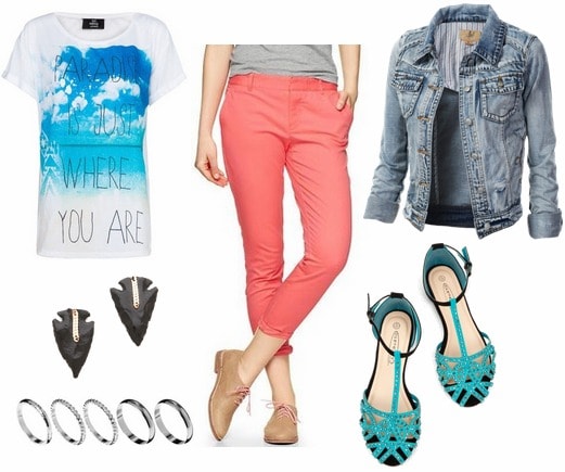 Coral trousers, turquoise sandals, graphic tee, denim jacket