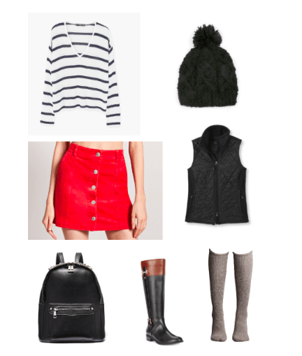 Corduroy skirt outfit for class: Red button-front corduroy skirt paired with a black and white striped sweater, black vest, knee-high boots, a black backpack, and a black knit hat