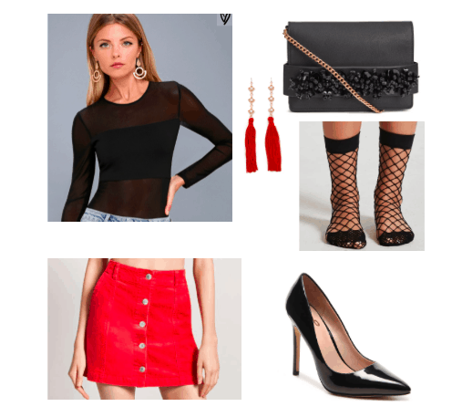 Corduroy skirt outfit for a night out: Red button front corduroy skirt, black sheer bodysuit, pointed toe high heels, black fishnet socks, tassel earrings