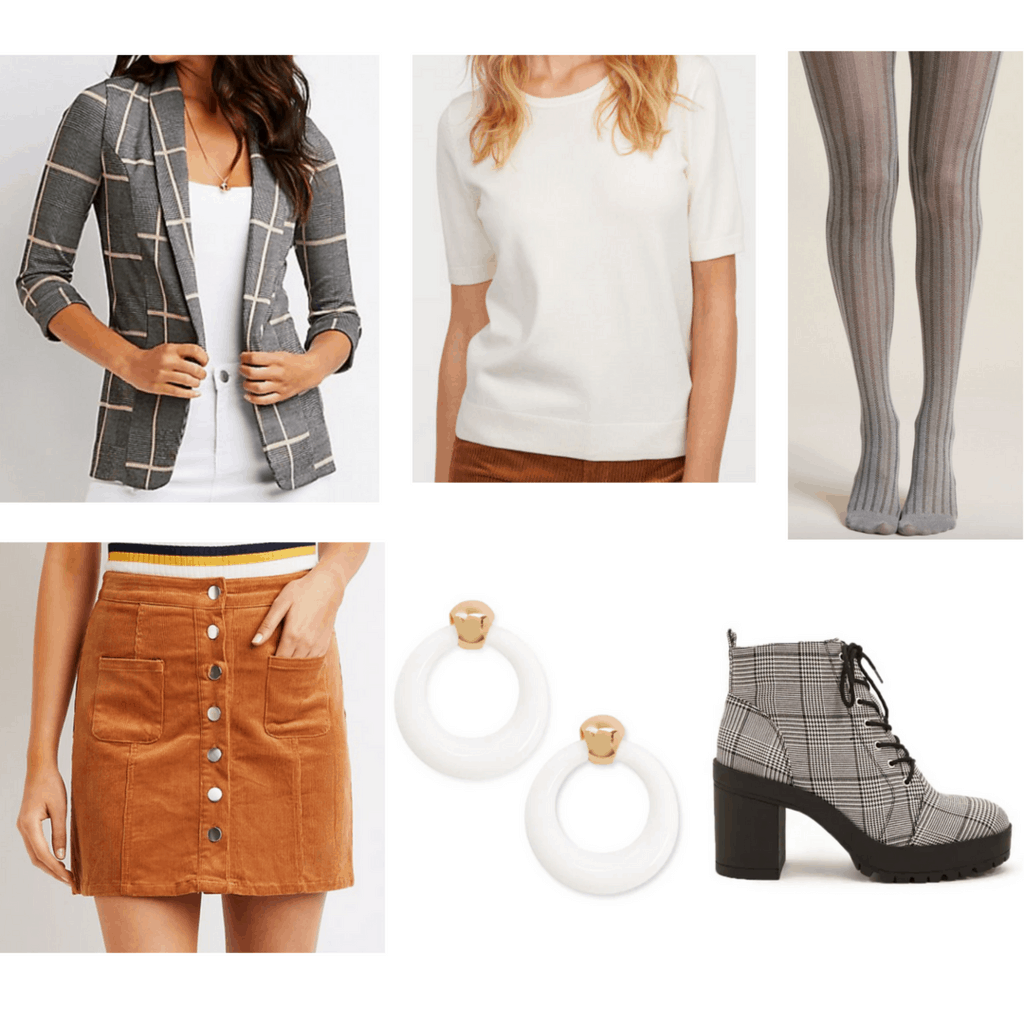 Brown corduroy skirt with white sweater shirt, patterned blazer, tights, earrings and platform shoes.