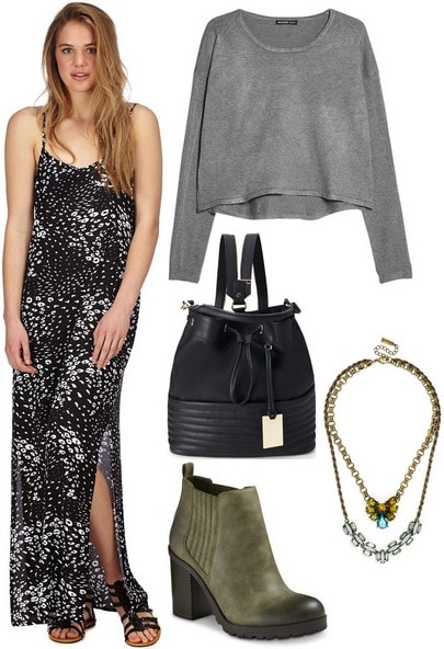 Cotton on printed maxi dress, cropped sweater, olive green boots, jeweled necklace