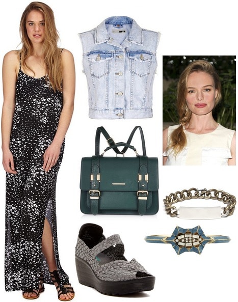 Cotton on printed maxi dress, denim vest, wedges, hunter green bag