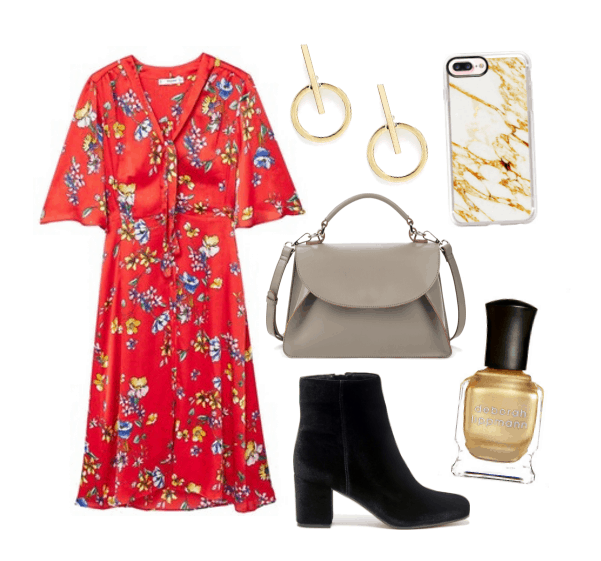 Work outfits ideas: Red couch floral midi dress, taupe envelope satchel, suede ankle boots, minimalist earrings, gold nail polish