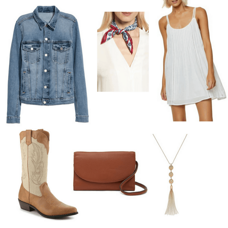 Country Music-inspired outfit with denim jacket, white dress, cowboy boots, tassel necklace, bandana, and crossbody bag