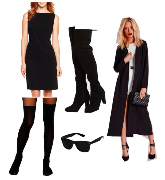 Atomic Blonde Fashion: Outfit inspired by Lorraine's spy look with black sheath dress, black over-the-knee boots, black thigh highs, black sunglasses, and a long black trench