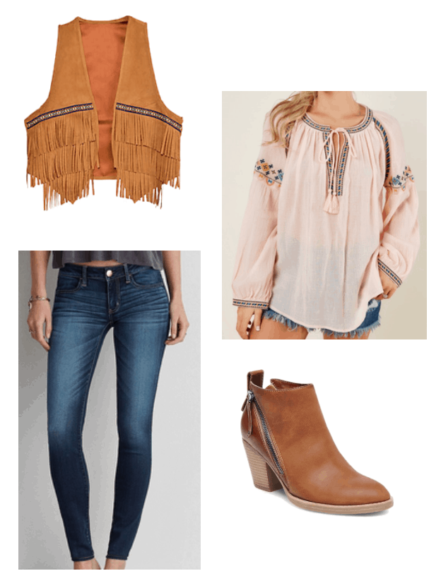 How to repurpose a costume: Cowgirl fringe vest worn with a peasant blouse, zip-up ankle booties in brown, and dark wash skinny jeans